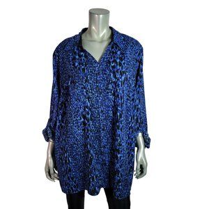 Maggie Barnes Top Plus Size 2X 22/24W Tab Sleeve Stretch Collared Button Up Blue